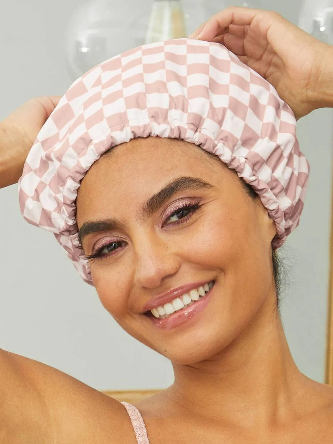 Satin-Lined Flexi Shower Cap – Terracotta Checker