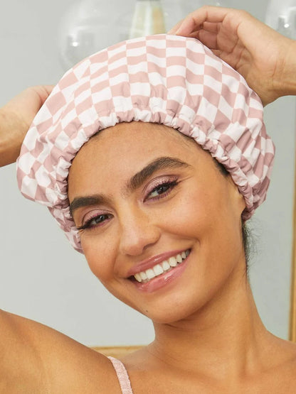Satin-Lined Flexi Shower Cap – Terracotta Checker