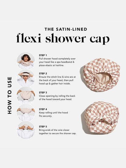 Satin-Lined Flexi Shower Cap – Terracotta Checker