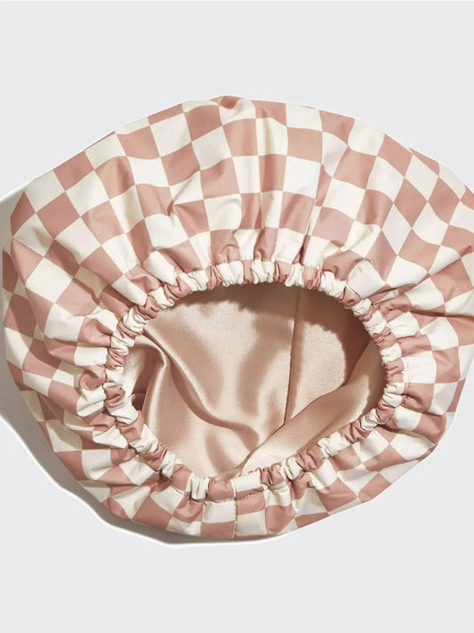 Satin-Lined Flexi Shower Cap – Terracotta Checker